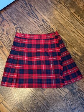 Red Plaid Pleated wool Mini Skirt with Safety Pin Detail